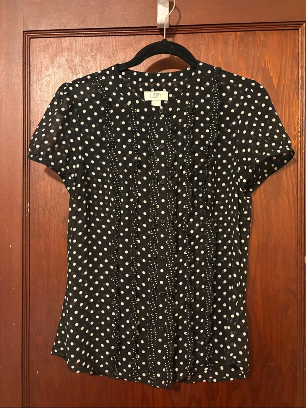 LOFT Black and White Polka Dot Ruffle-Front Blouse